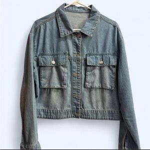 Cropped Classic Blue Denim Jacket - Women's Casual Jean Jacket SZ Large